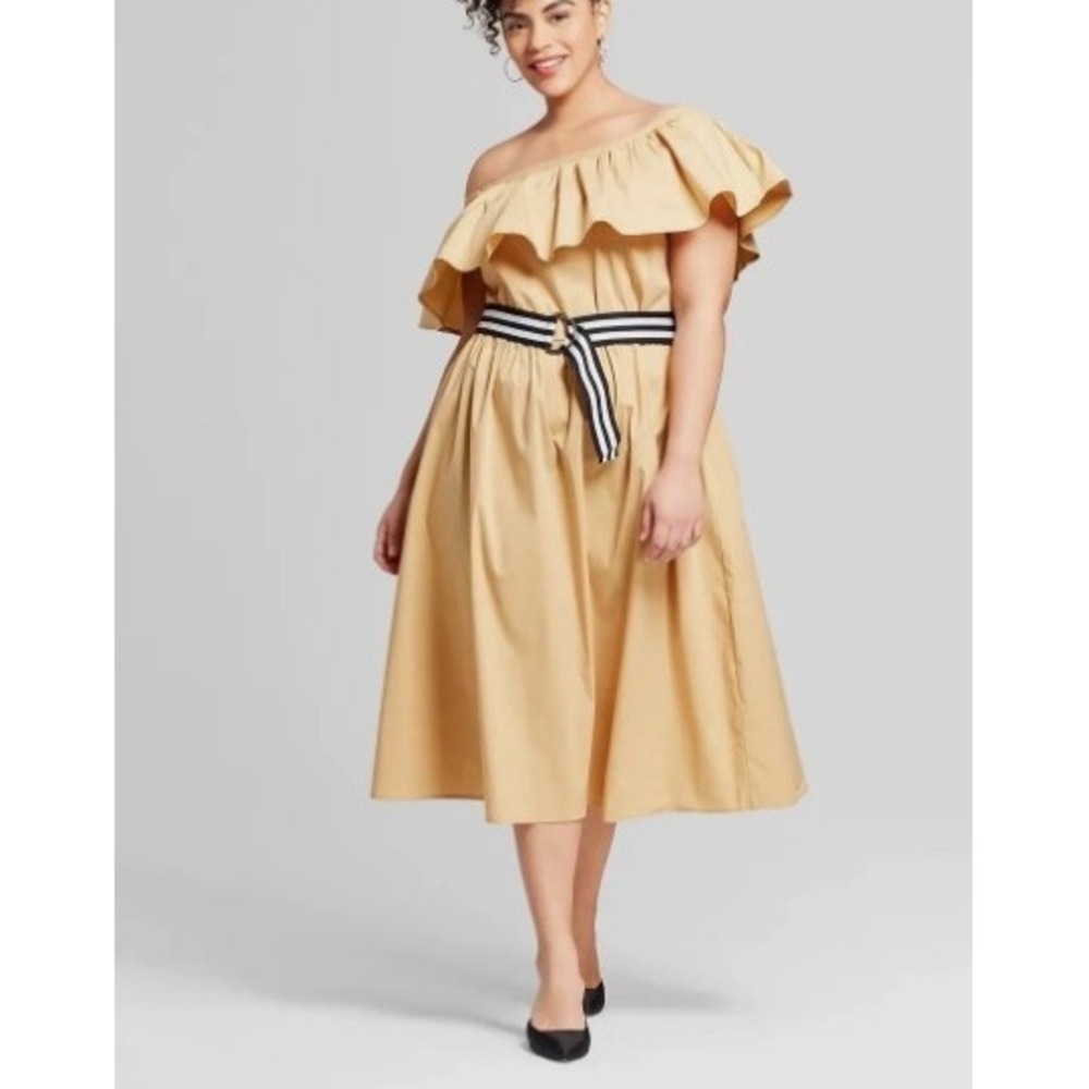 Who What Wear Tan Ruffle Off Shoulder Midi Dress XL Belted Camel Cotton Poplin
